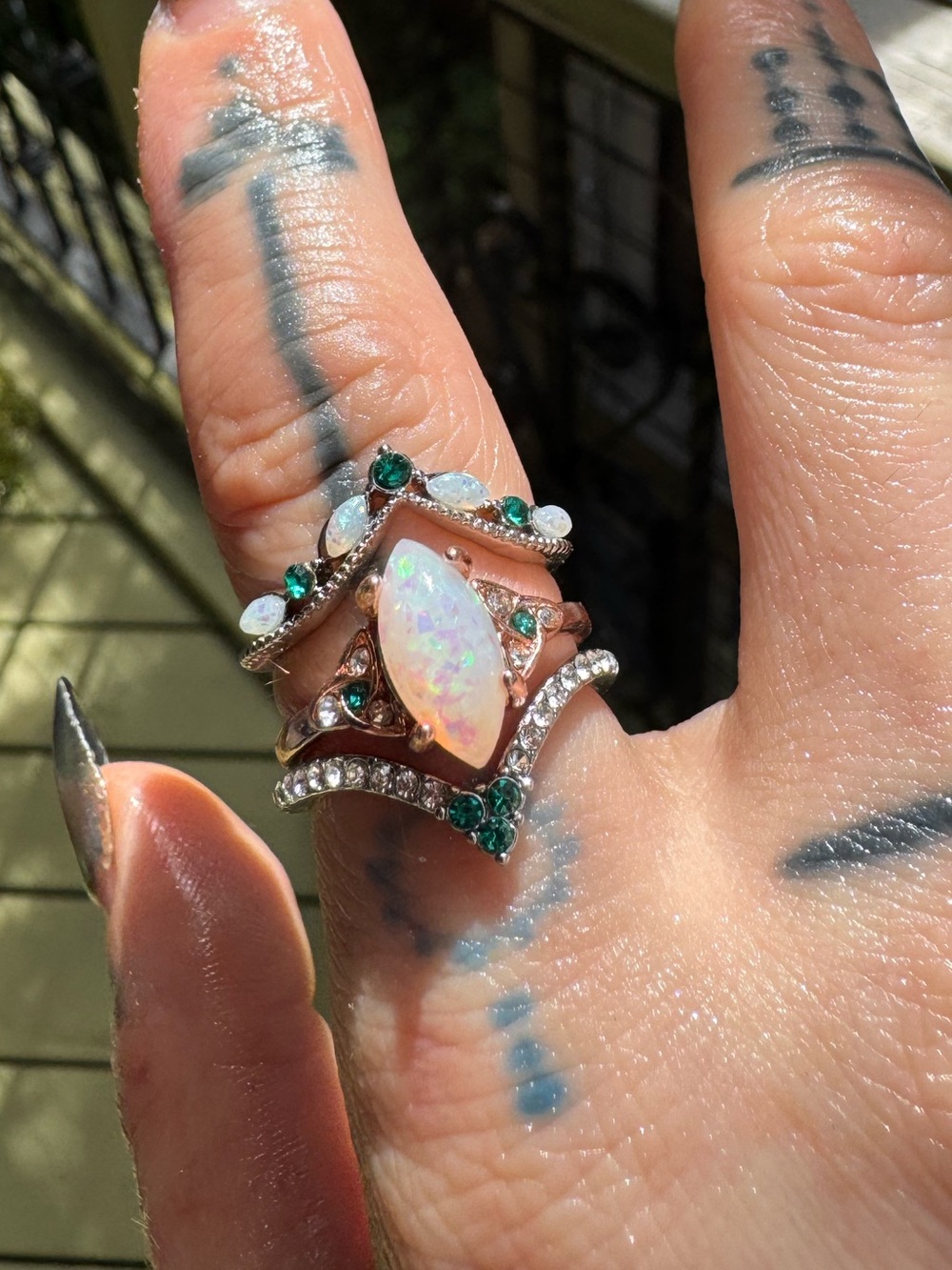 Opal and Emerald Halo Statement Ring - Rose Gold set of 3